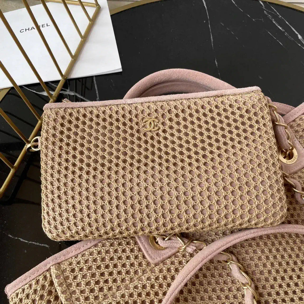 Chanel AS3257 Small Shopping Bag Raffia  Beige & Pink