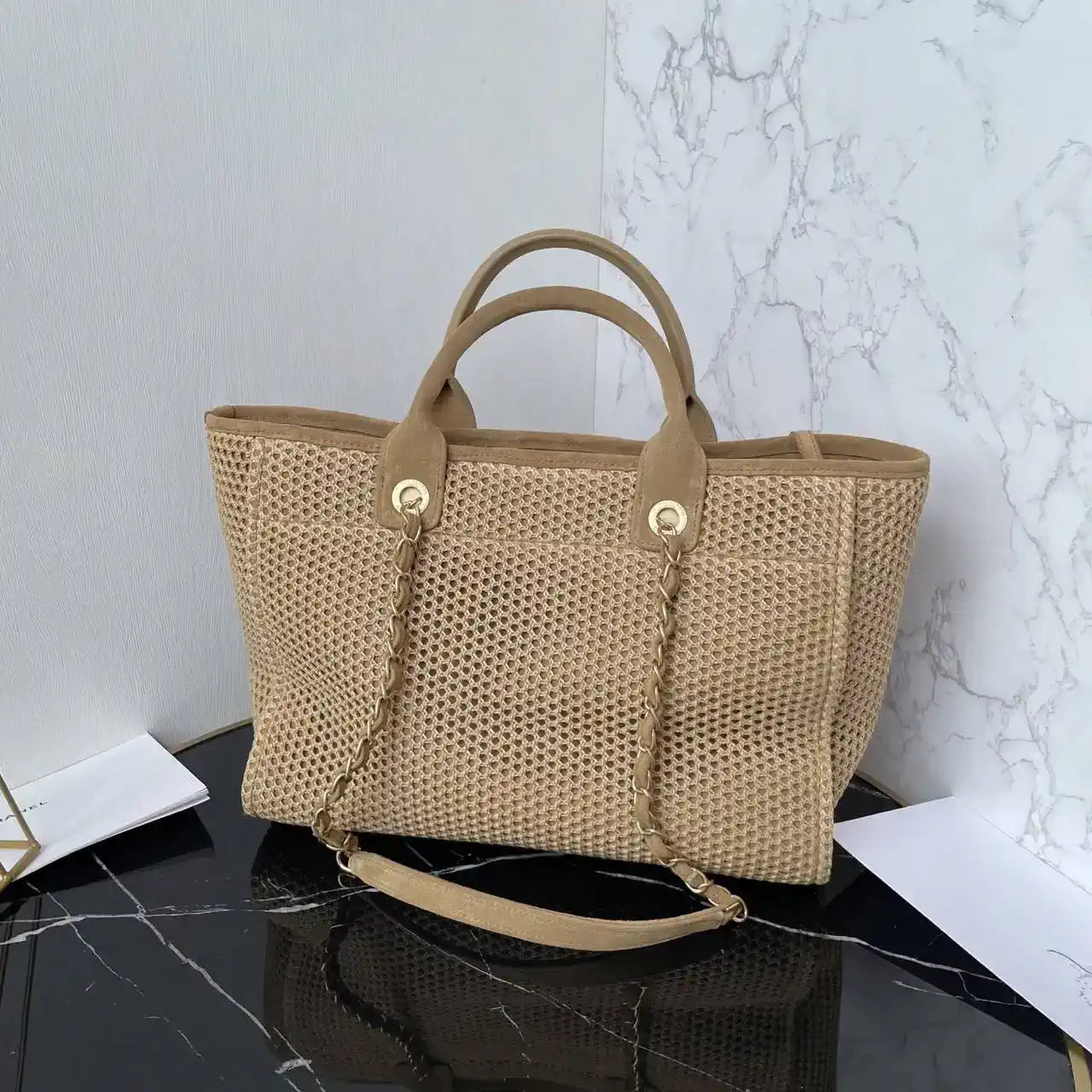 Chanel AS3257 Small Shopping Bag Raffia Beige