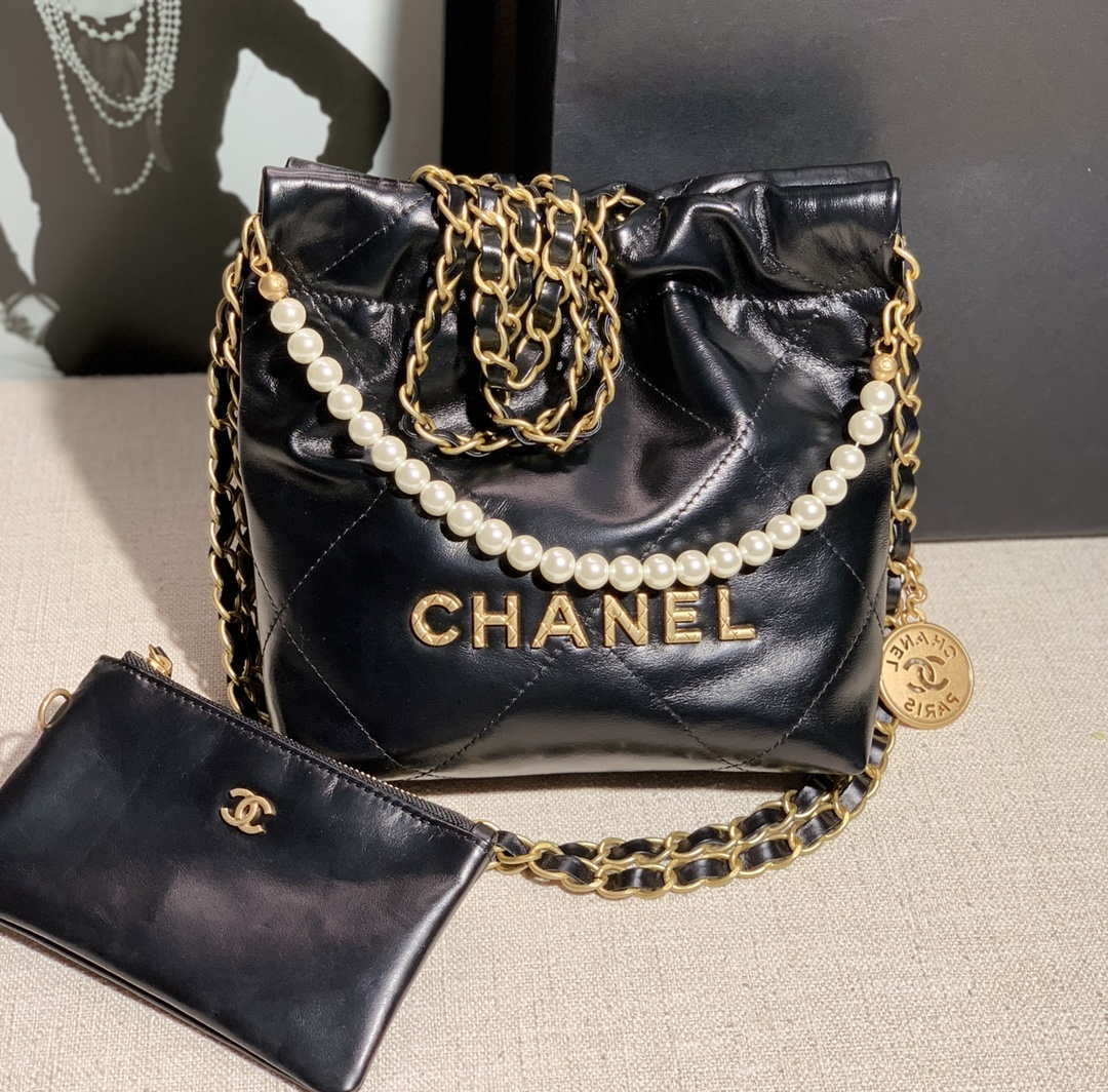Chanel AS3260 22 Mini Handbag Calfskin Pearl Chain Black with Gold A90 - Default Title - View 1
