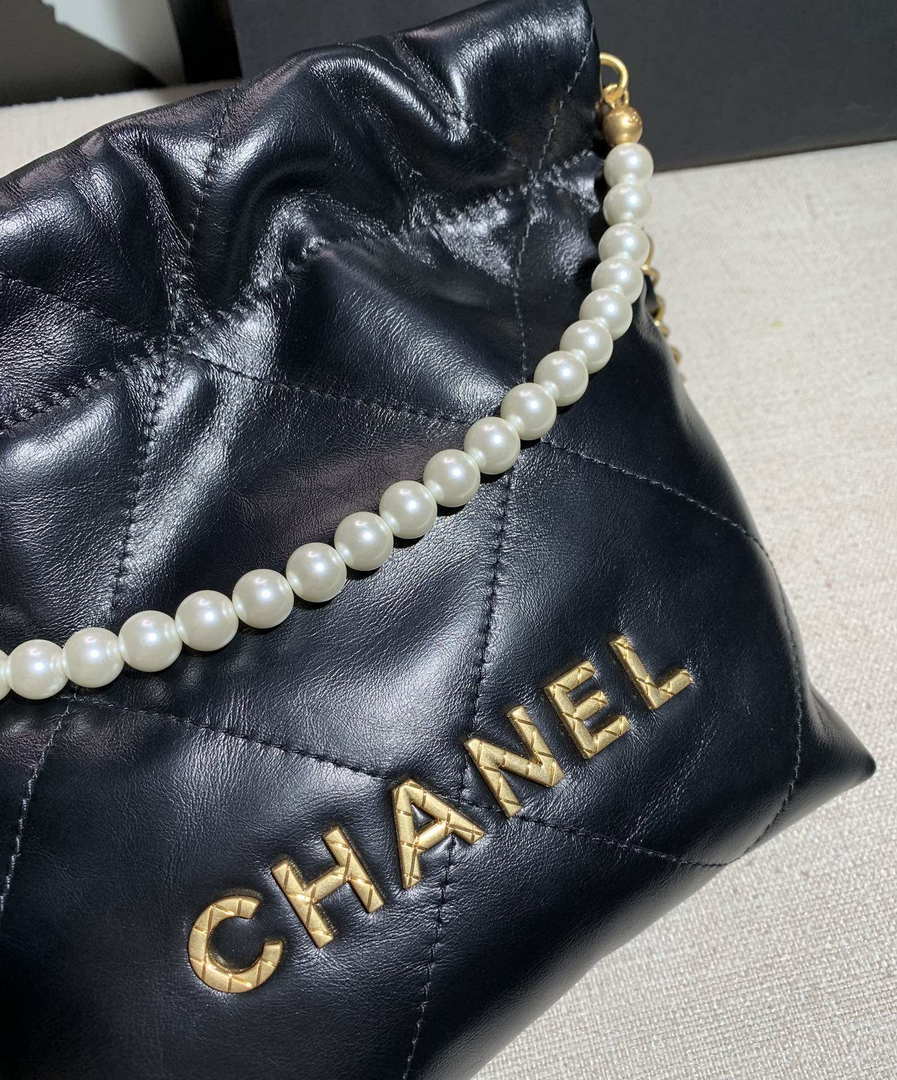 Chanel AS3260 22 Mini Handbag Calfskin Pearl Chain Black with Gold A90