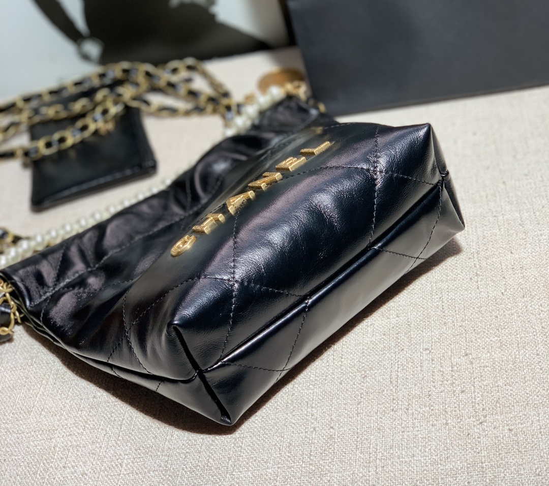 Chanel AS3260 22 Mini Handbag Calfskin Pearl Chain Black with Gold A90 - Default Title - View 4