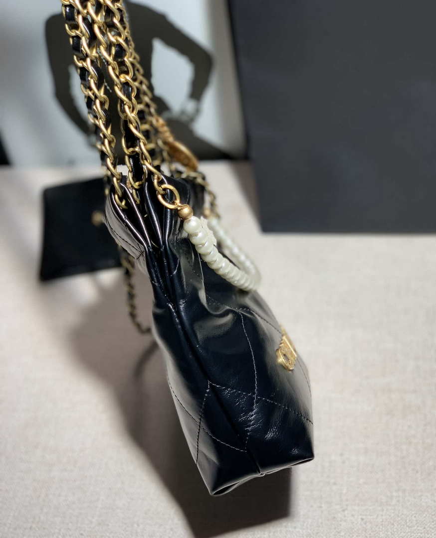 Chanel AS3260 22 Mini Handbag Calfskin Pearl Chain Black with Gold A90