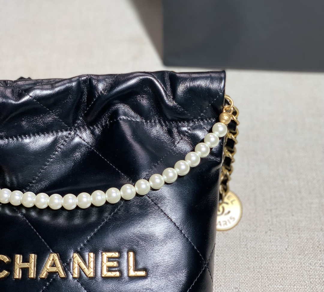 Chanel AS3260 22 Mini Handbag Calfskin Pearl Chain Black with Gold A90 - Default Title - View 8