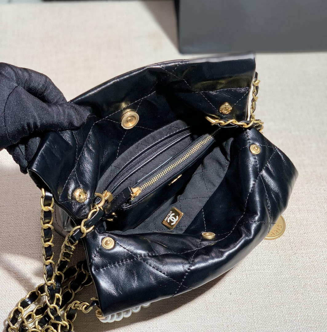 Chanel AS3260 22 Mini Handbag Calfskin Pearl Chain Black with Gold A90 - Default Title - View 9