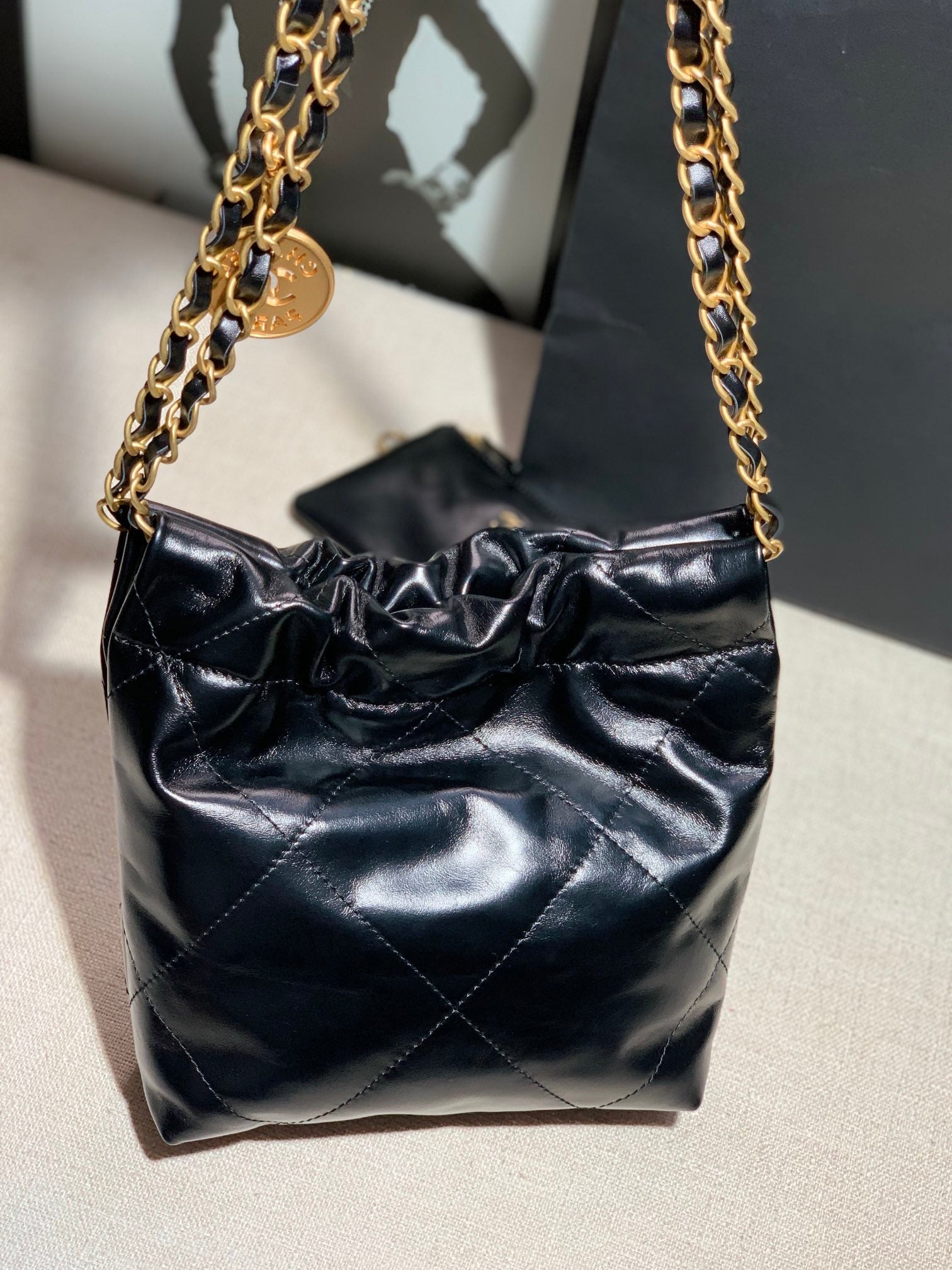 Chanel AS3260 22 Mini Handbag Shiny Calfskin Black with Gold A86 - Default Title - View 2