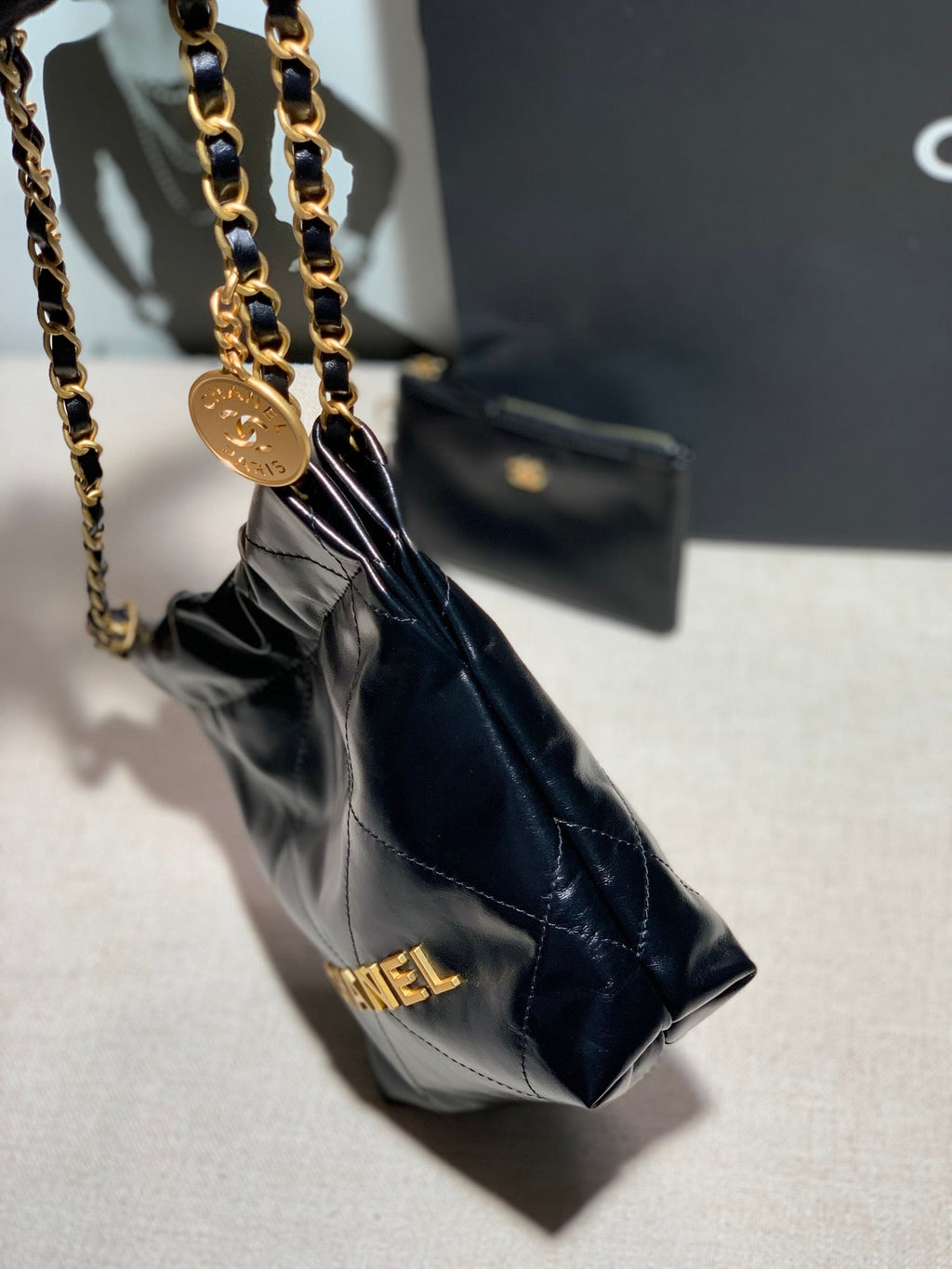 Chanel AS3260 22 Mini Handbag Shiny Calfskin Black with Gold A86