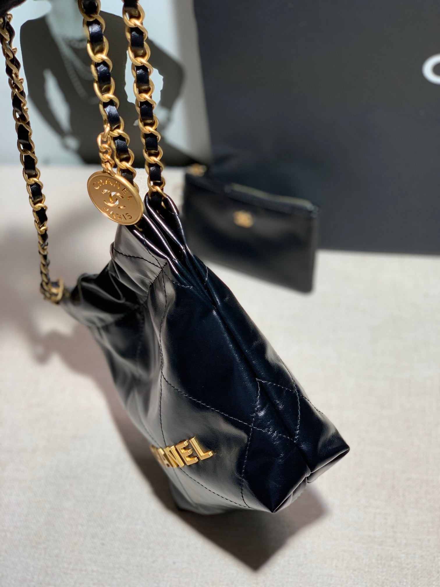 Chanel AS3260 22 Mini Handbag Shiny Calfskin Black with Gold A86