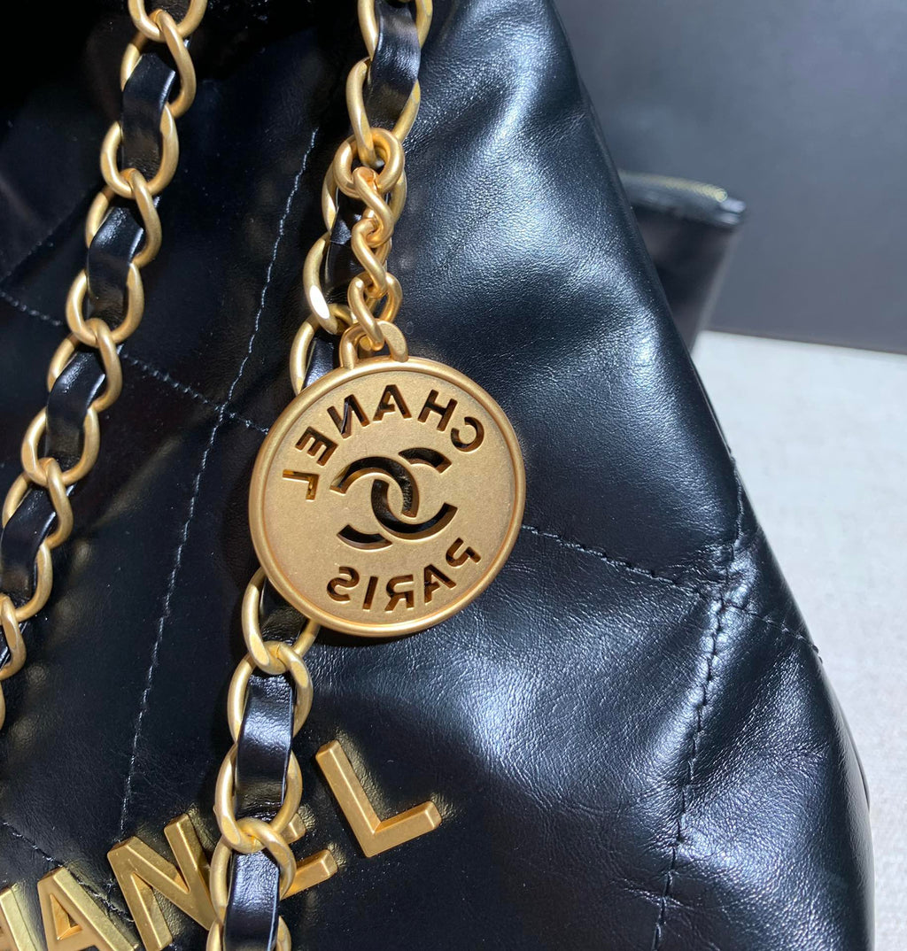 Chanel AS3260 22 Mini Handbag Shiny Calfskin Black with Gold A86