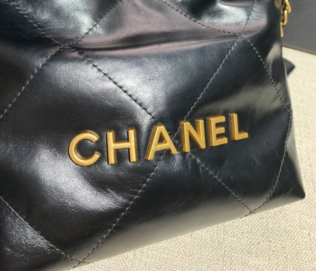 Chanel AS3260 22 Mini Handbag Shiny Calfskin Black with Gold A86