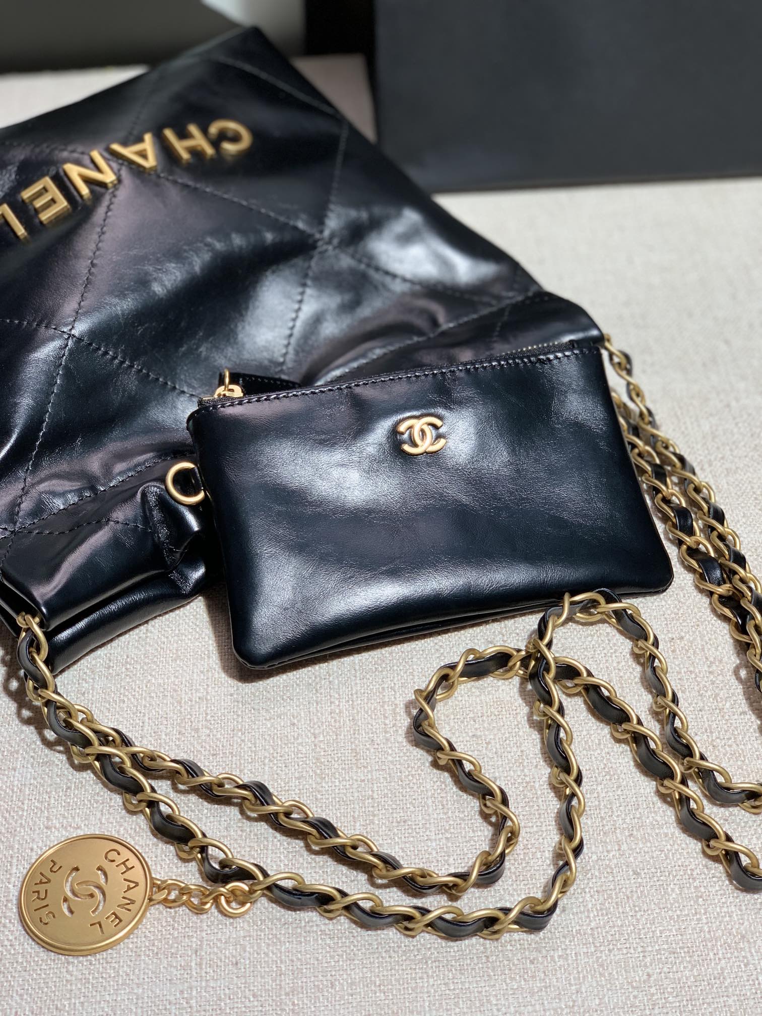 Chanel AS3260 22 Mini Handbag Shiny Calfskin Black with Gold A86 - Default Title - View 8