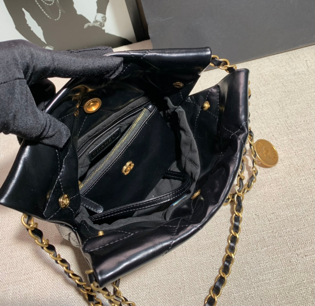 Chanel AS3260 22 Mini Handbag Shiny Calfskin Black with Gold A86 - Default Title - View 9