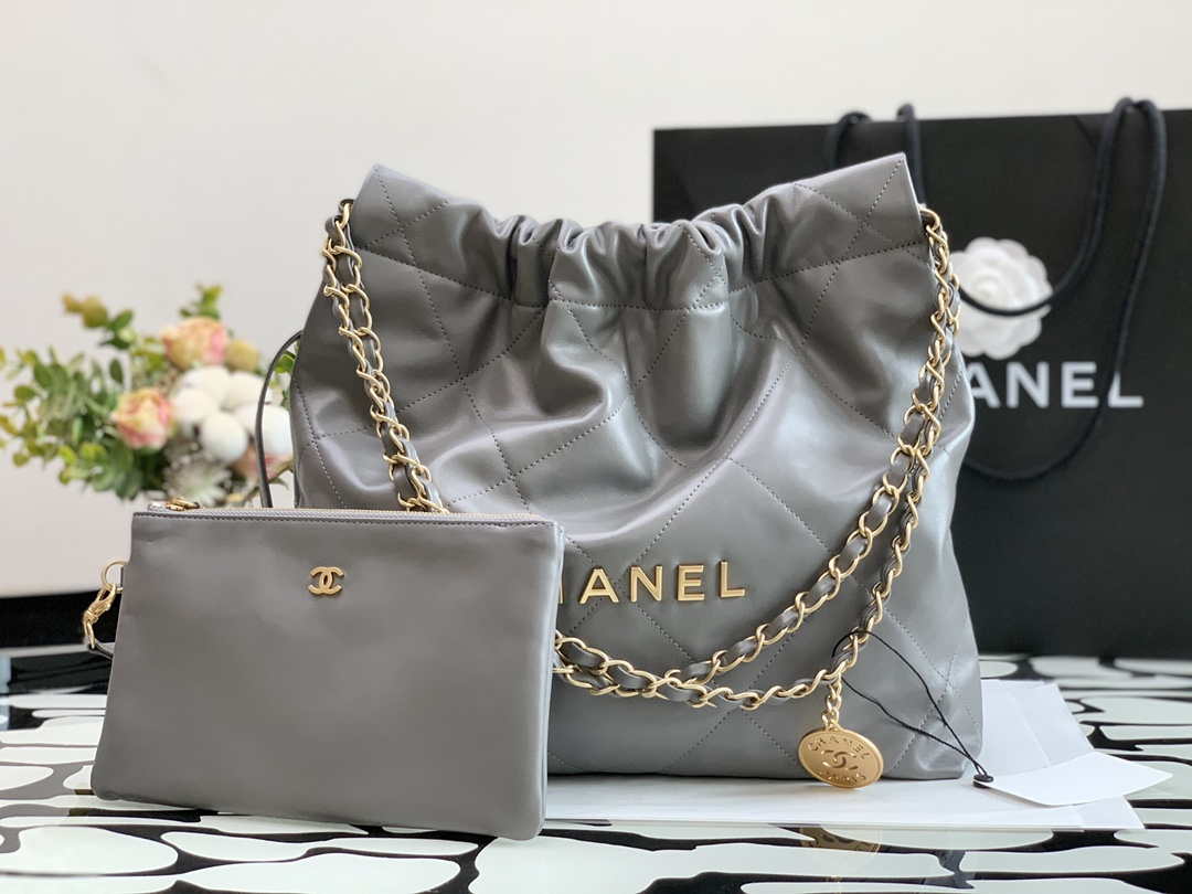 Chanel AS3260 22 Small Handbag Metallic Calfskin Gray Metal With logo Gold - Default Title - View 2