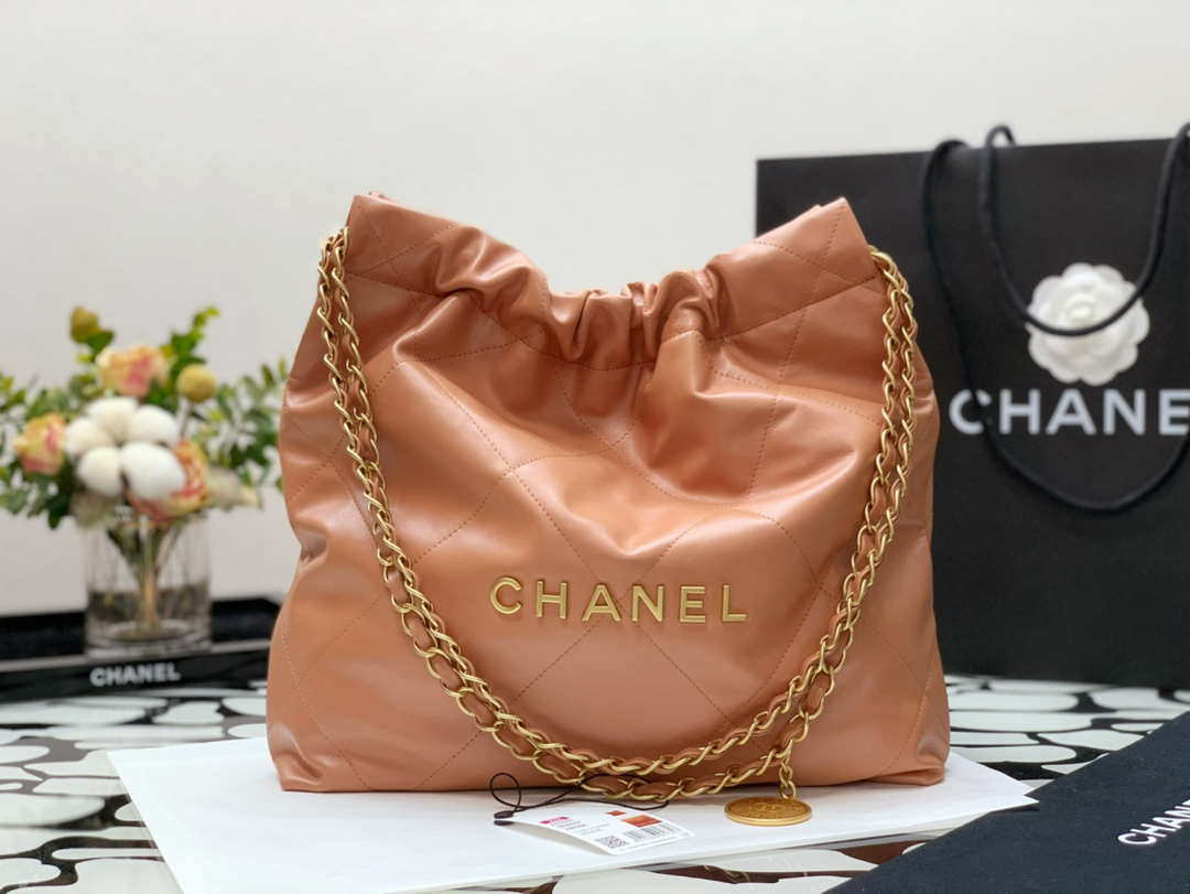 Chanel AS3260 22 Small Handbag Shiny Calfskin Camel Gold Metal - Default Title - View 1