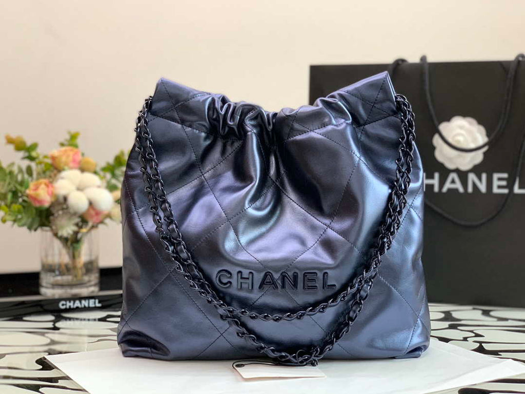 Chanel AS3260 22 Small Handbag Metallic Calfskin Blue Metal