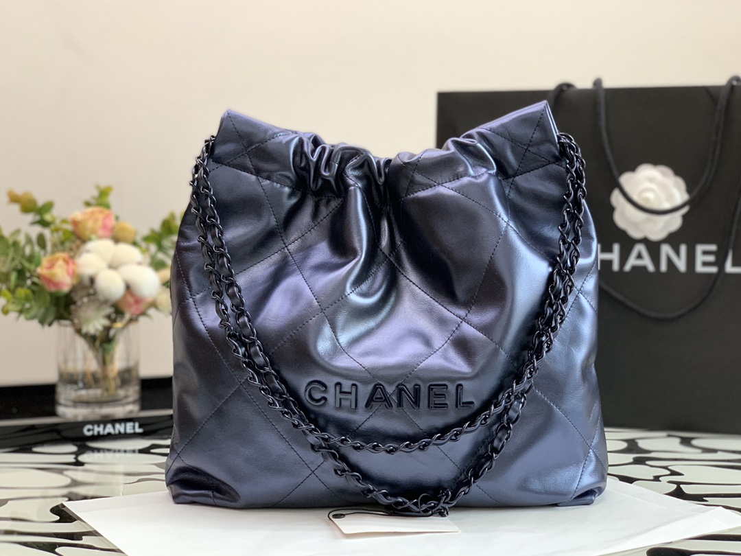 Chanel AS3260 22 Small Handbag Metallic Calfskin Blue Metal