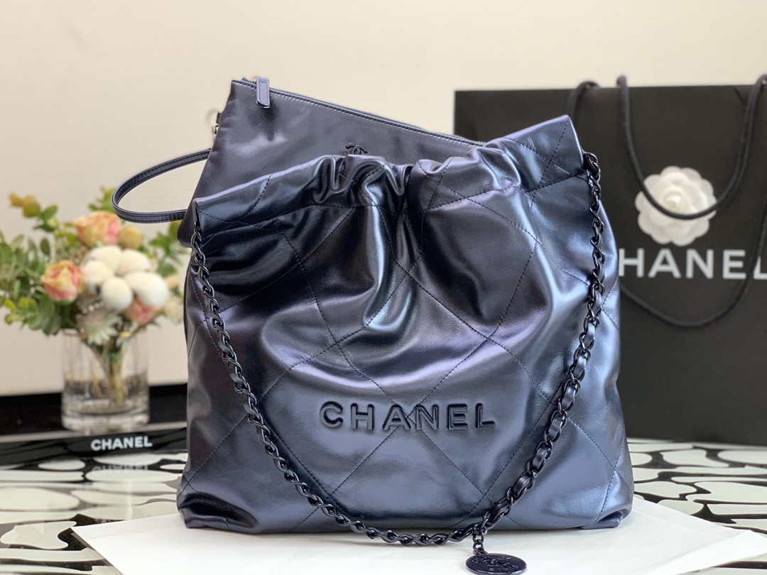 Chanel AS3260 22 Small Handbag Metallic Calfskin Blue Metal