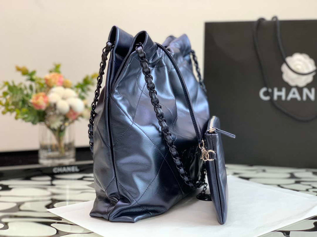 Chanel AS3260 22 Small Handbag Metallic Calfskin Blue Metal