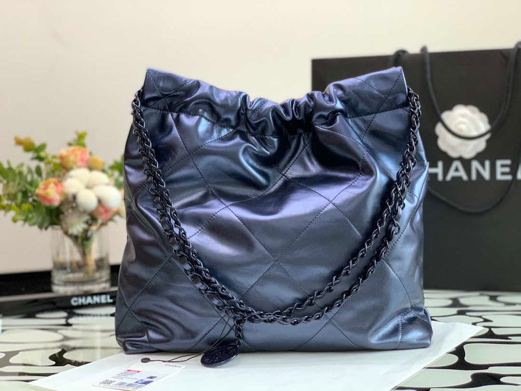 Chanel AS3260 22 Small Handbag Metallic Calfskin Blue Metal