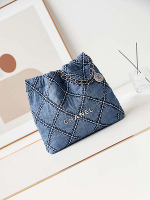 Chanel AS3260 22 Small Handbag Silver Tone-Metal Canvas Blue Denim - Default Title - View 1