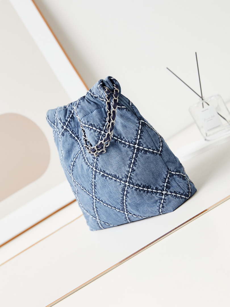 Chanel AS3260 22 Small Handbag Silver Tone-Metal Canvas Blue Denim - Default Title - View 4