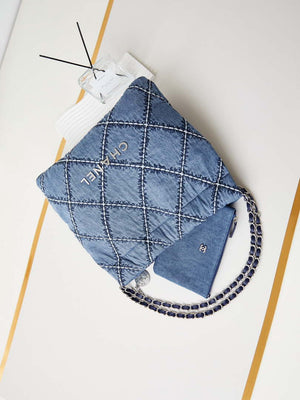 Chanel AS3260 22 Small Handbag Silver Tone-Metal Canvas Blue Denim - Default Title - View 6