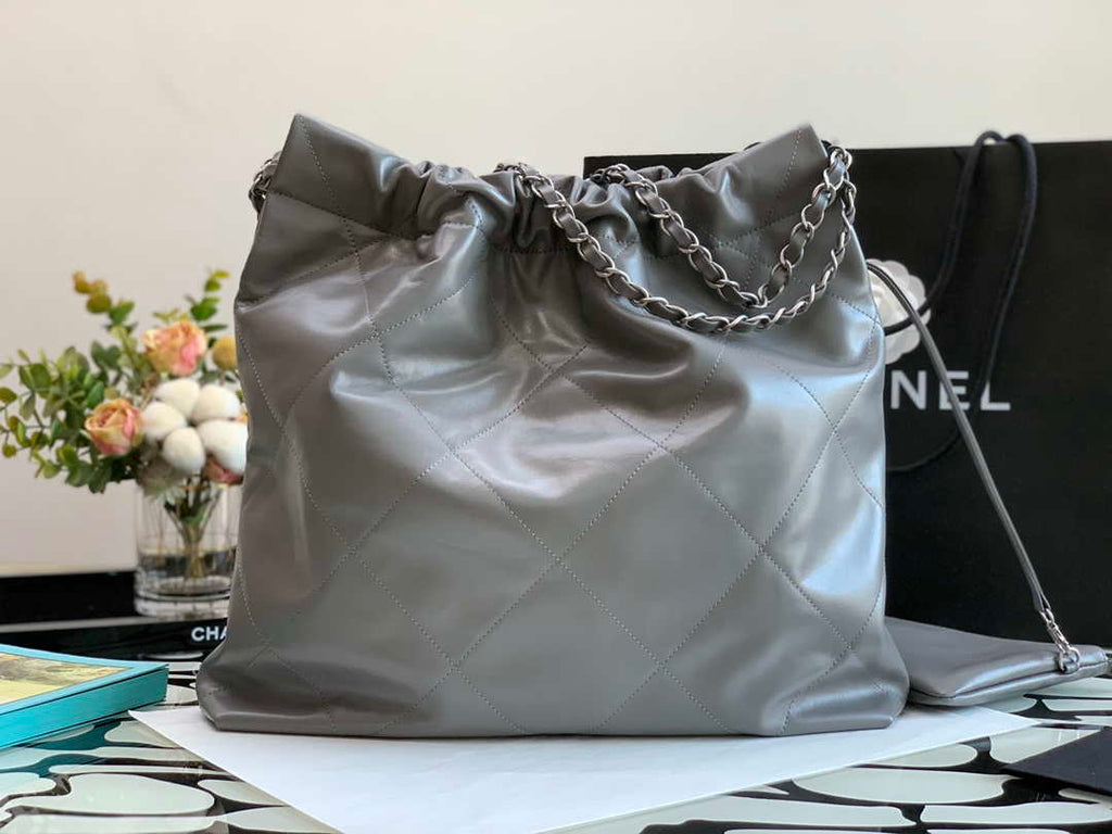 Chanel 22 Handbag Metallic Calfskin AS3261 Gray Metal