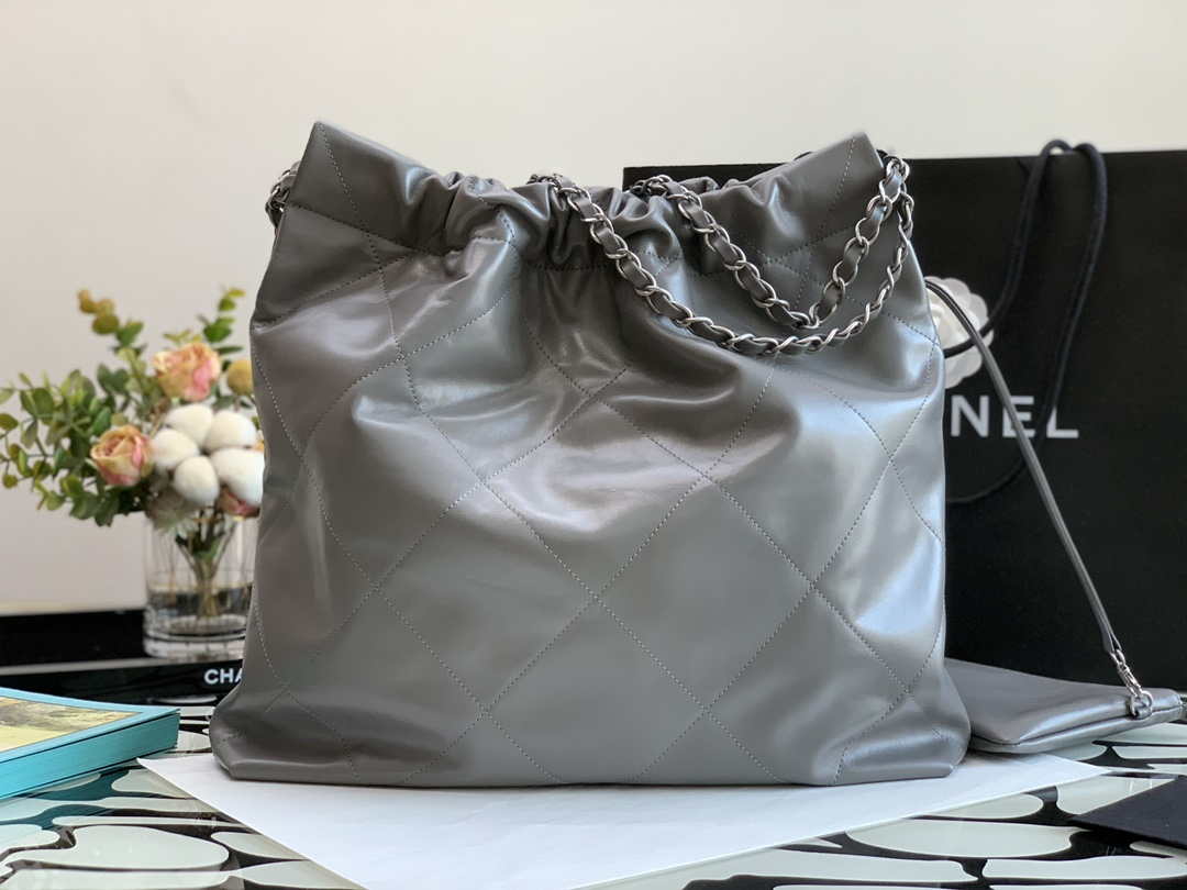 Chanel 22 Handbag Metallic Calfskin AS3261 Gray Metal
