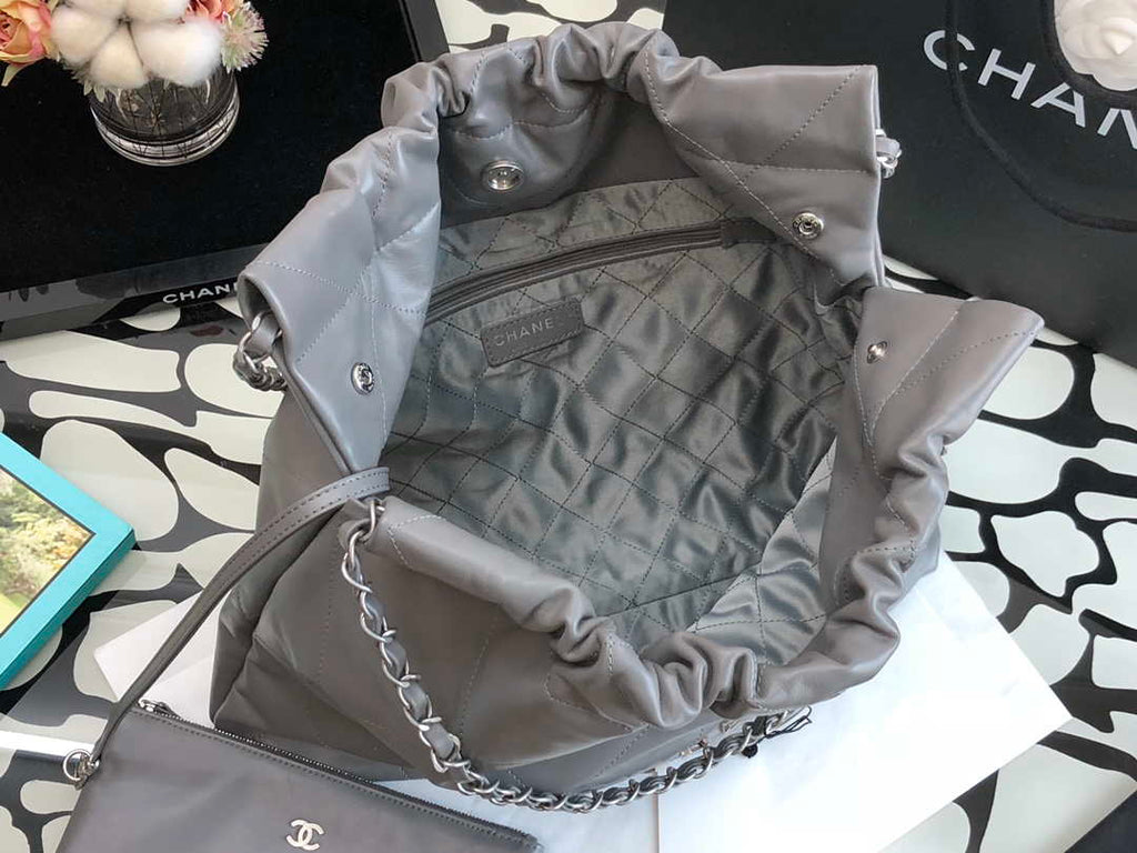 Chanel 22 Handbag Metallic Calfskin AS3261 Gray Metal