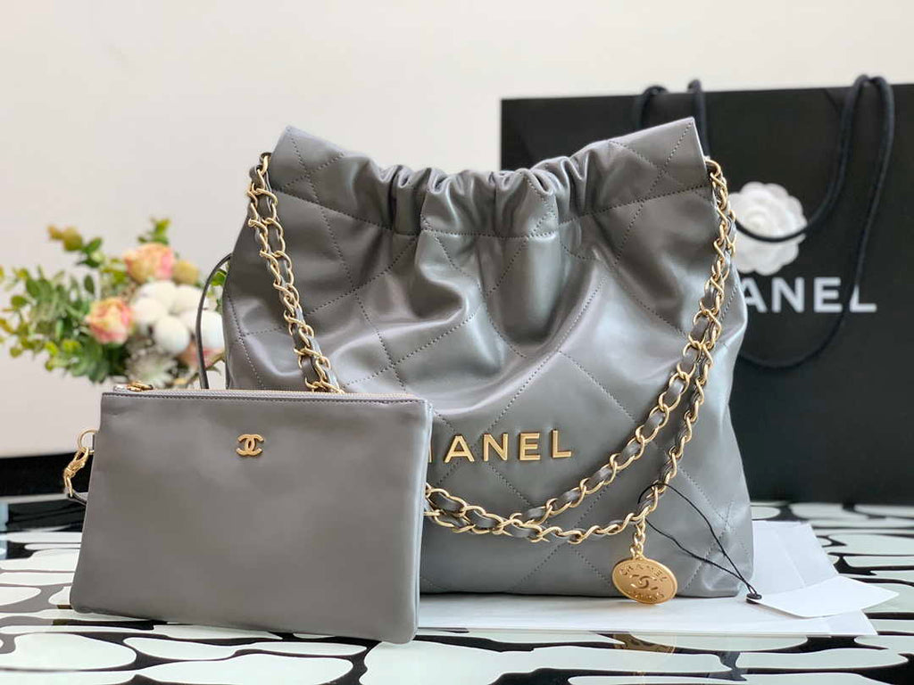 Chanel 22 Handbag Metallic Calfskin AS3261 Gray Gold Metal with Gold