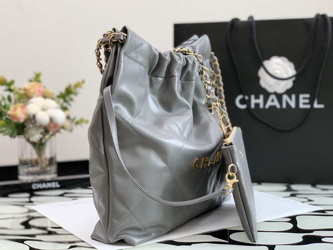 Chanel 22 Handbag Metallic Calfskin AS3261 Gray Gold Metal with Gold