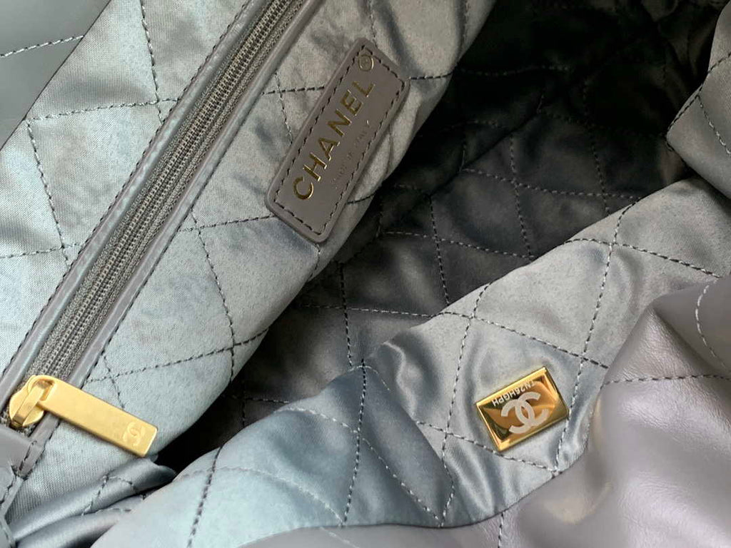 Chanel 22 Handbag Metallic Calfskin AS3261 Gray Gold Metal with Gold