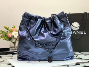 Chanel 22 Handbag Metallic Calfskin AS3261 Blue Gold Metal - Default Title - View 1