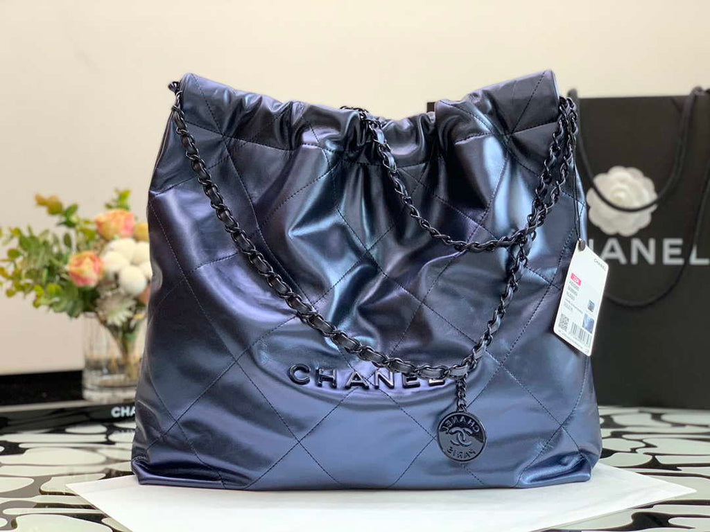 Chanel 22 Handbag Metallic Calfskin AS3261 Blue Gold Metal