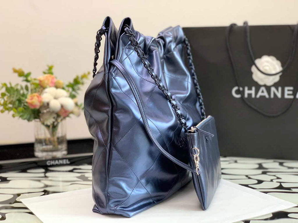 Chanel 22 Handbag Metallic Calfskin AS3261 Blue Gold Metal