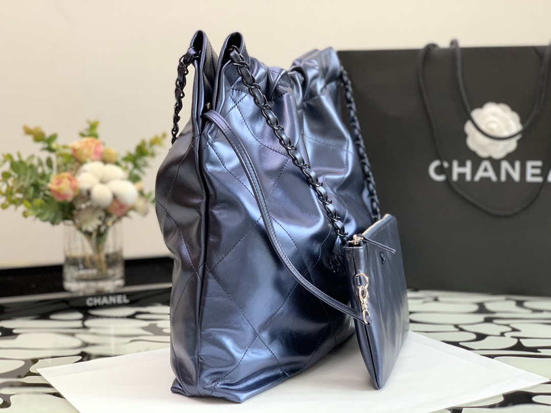 Chanel 22 Handbag Metallic Calfskin AS3261 Blue Gold Metal - Default Title - View 3