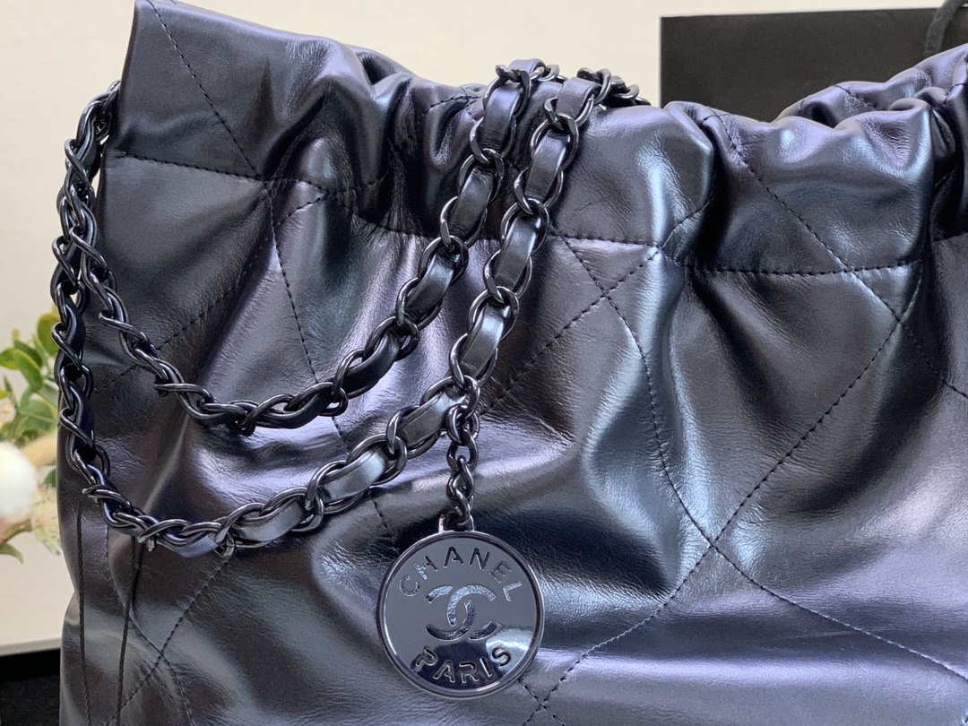 Chanel 22 Handbag Metallic Calfskin AS3261 Blue Gold Metal