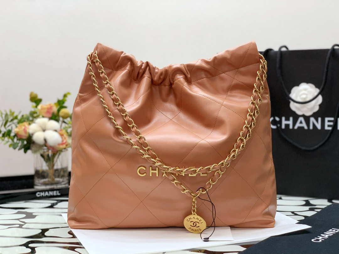 Chanel 22 Handbag Shiny Calfskin AS3261 Camel Gold-Tone Metal - Default Title - View 1