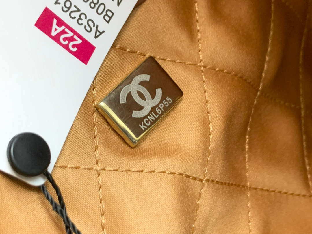 Chanel 22 Handbag Shiny Calfskin AS3261 Camel Gold-Tone Metal