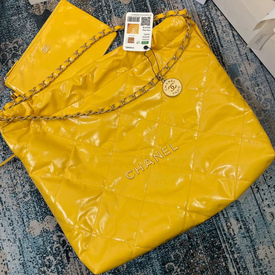 Chanel 22 Handbag Shiny Calfskin Gold AS3261 Yellow - Default Title - View 7