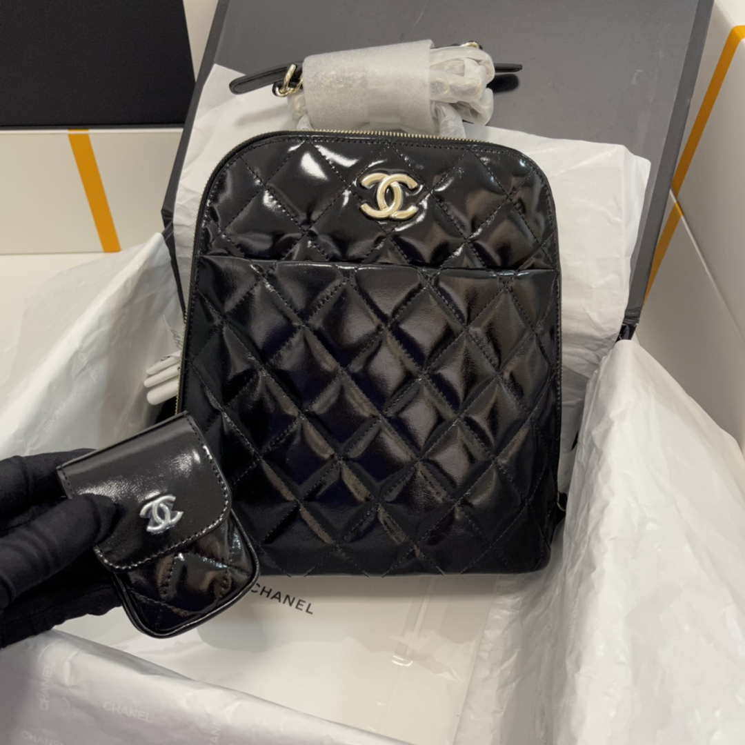 Chanel AS3332 Backpack Shiny Calfskin Bag Black