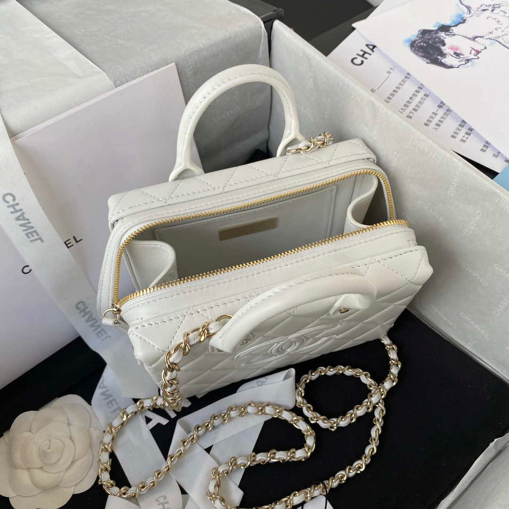 Chanel AS3344 Small Vanity Case Calfskin & Gold-Tone Metal White