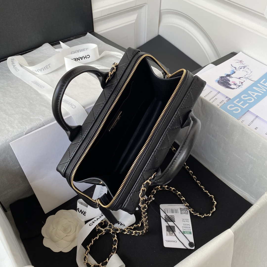 Chanel AS3345 Vanity Case Calfskin & Gold-Tone Metal Black