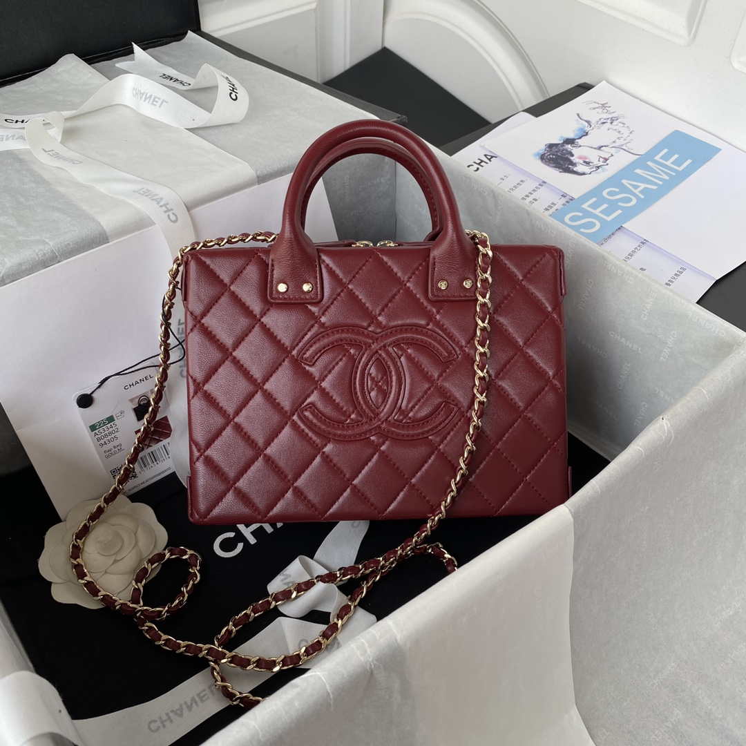 Chanel AS3345 Vanity Case Calfskin & Gold-Tone Metal Wine Red - Default Title - View 1