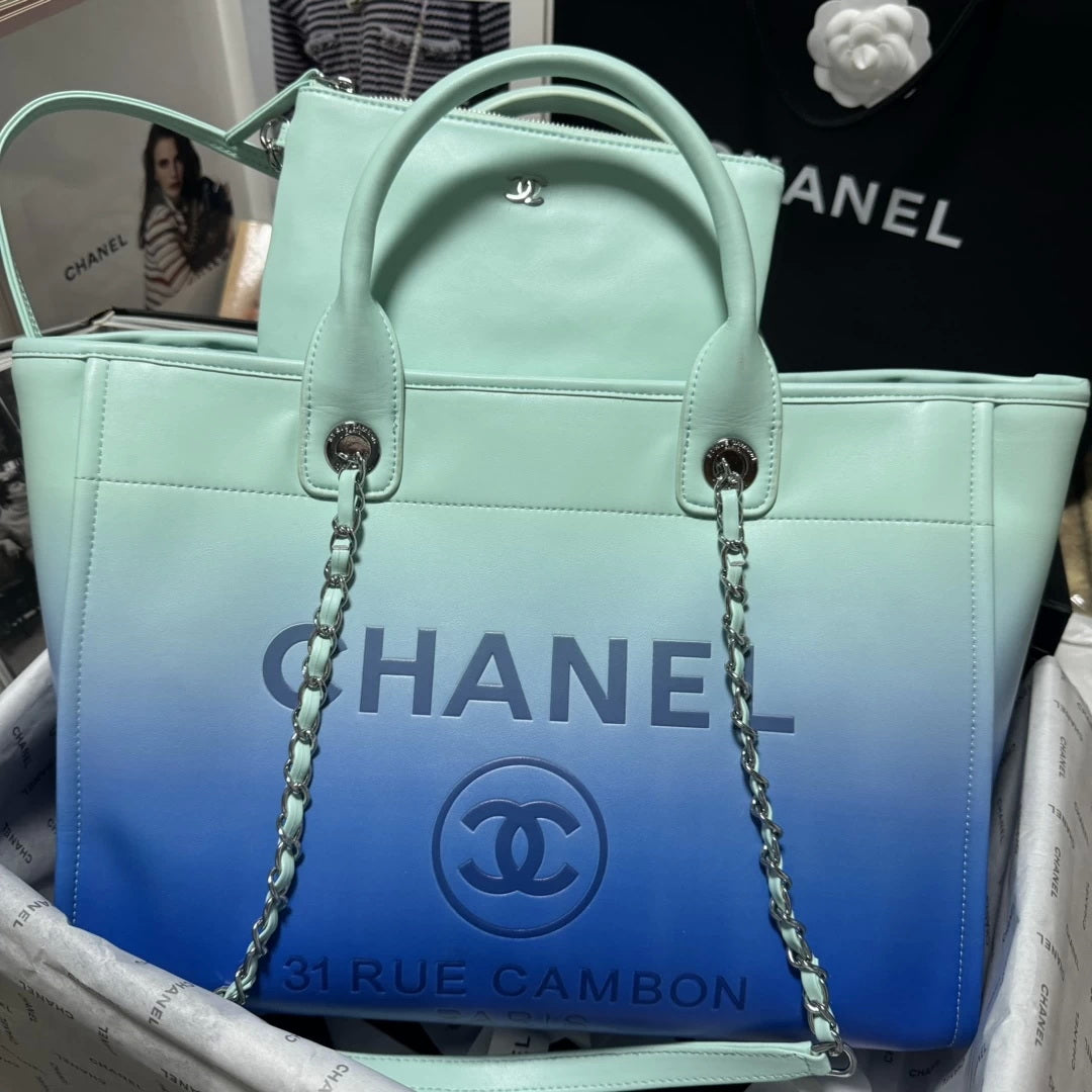 Chanel AS3351 Shopping Bag Shaded Calfskin & Silver-Tone Metal Blue & Light Blue - Default Title - View 1