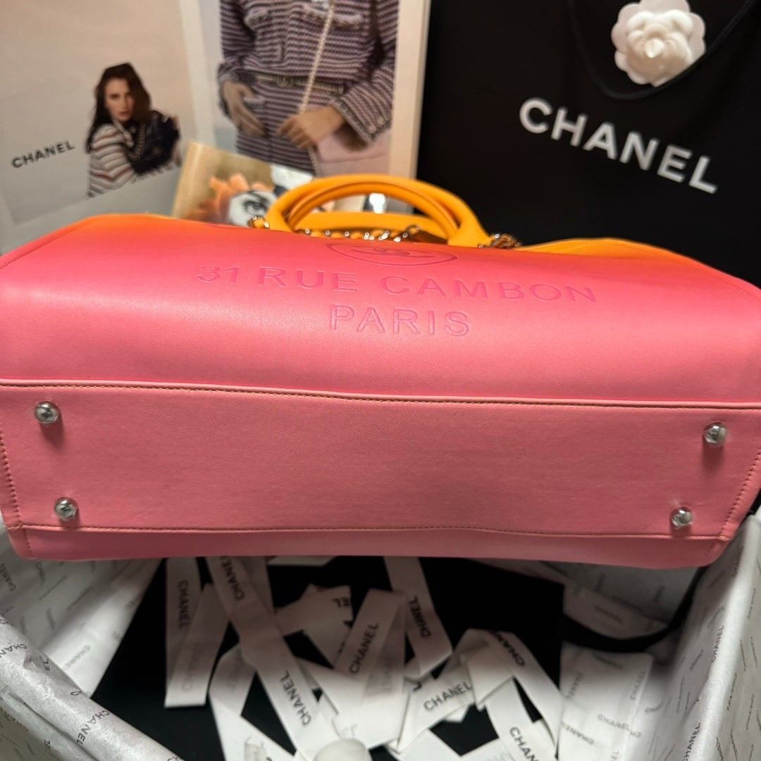Chanel AS3351 Shopping Bag Shaded Calfskin & Silver-Tone Metal Orange Coral & Pink - Default Title - View 3