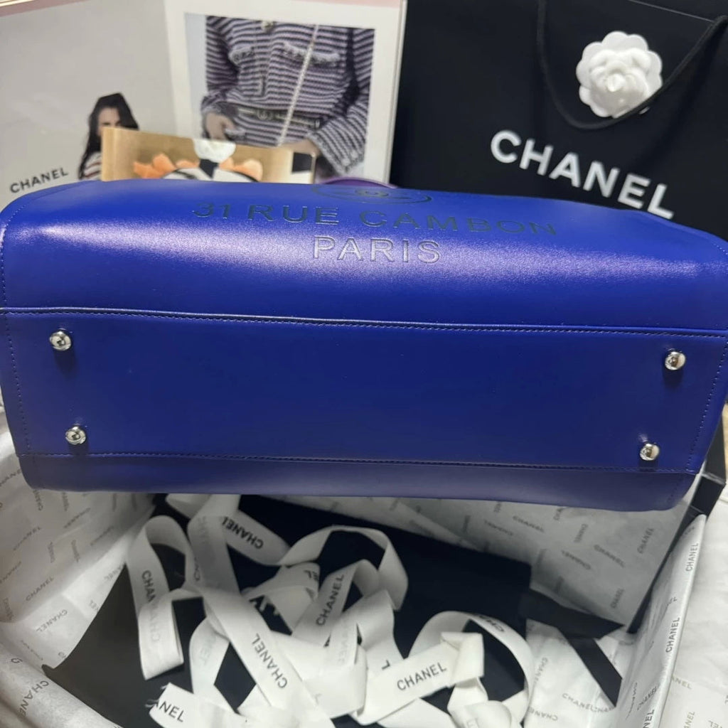 Chanel AS3351 Shopping Bag Shaded Calfskin & Silver-Tone Metal Purple, Blue & Dark Blue