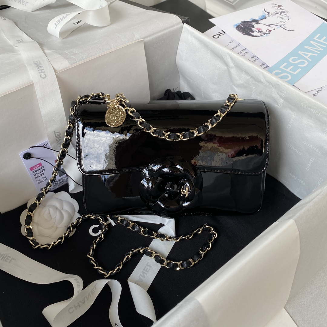 Chanel AS3356 Flap 23FW Patent leather Camellia Black