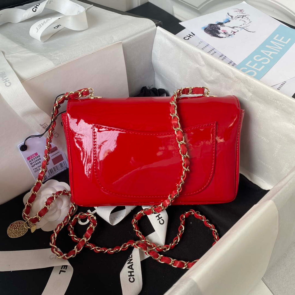 Chanel AS3356 Flap 23FW Patent leather Camellia Red