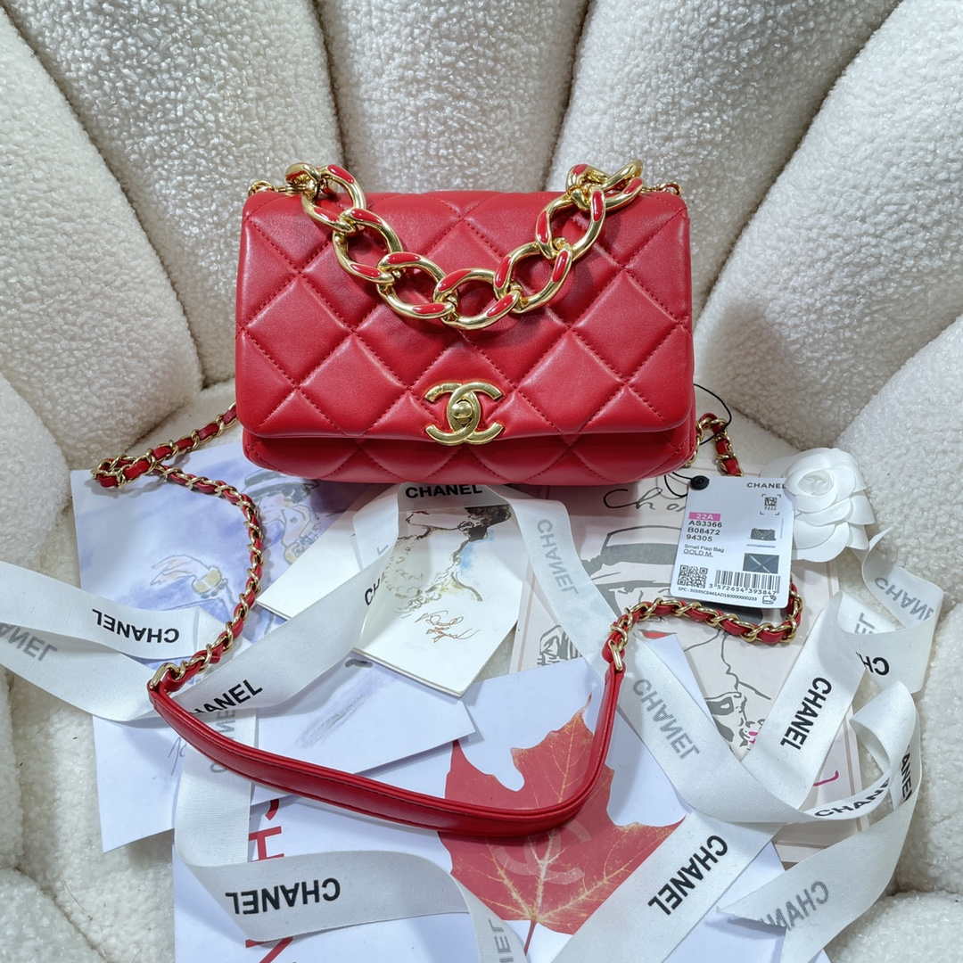 Chanel AS3366 Flap Bag 20cm Lambskin Red - Default Title - View 1