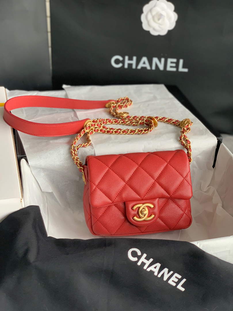 Chanel Mini Flap Bag Shiny Calfskin Gold-Tone Metal AS3368 Red - Default Title - View 2